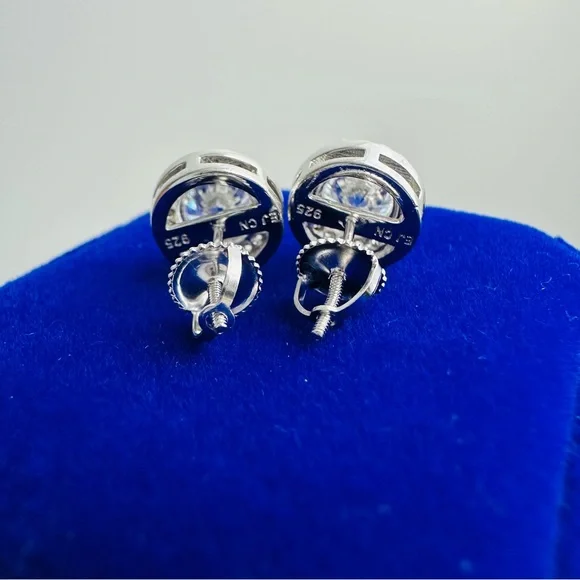925 Sterling Silver Screwback Halo Diamond CZ Stud Earrings - Picture 5 of 8